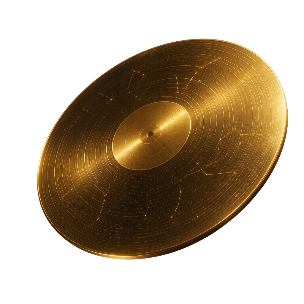 A golden circular record etched with constellations, turning slowly in the dark